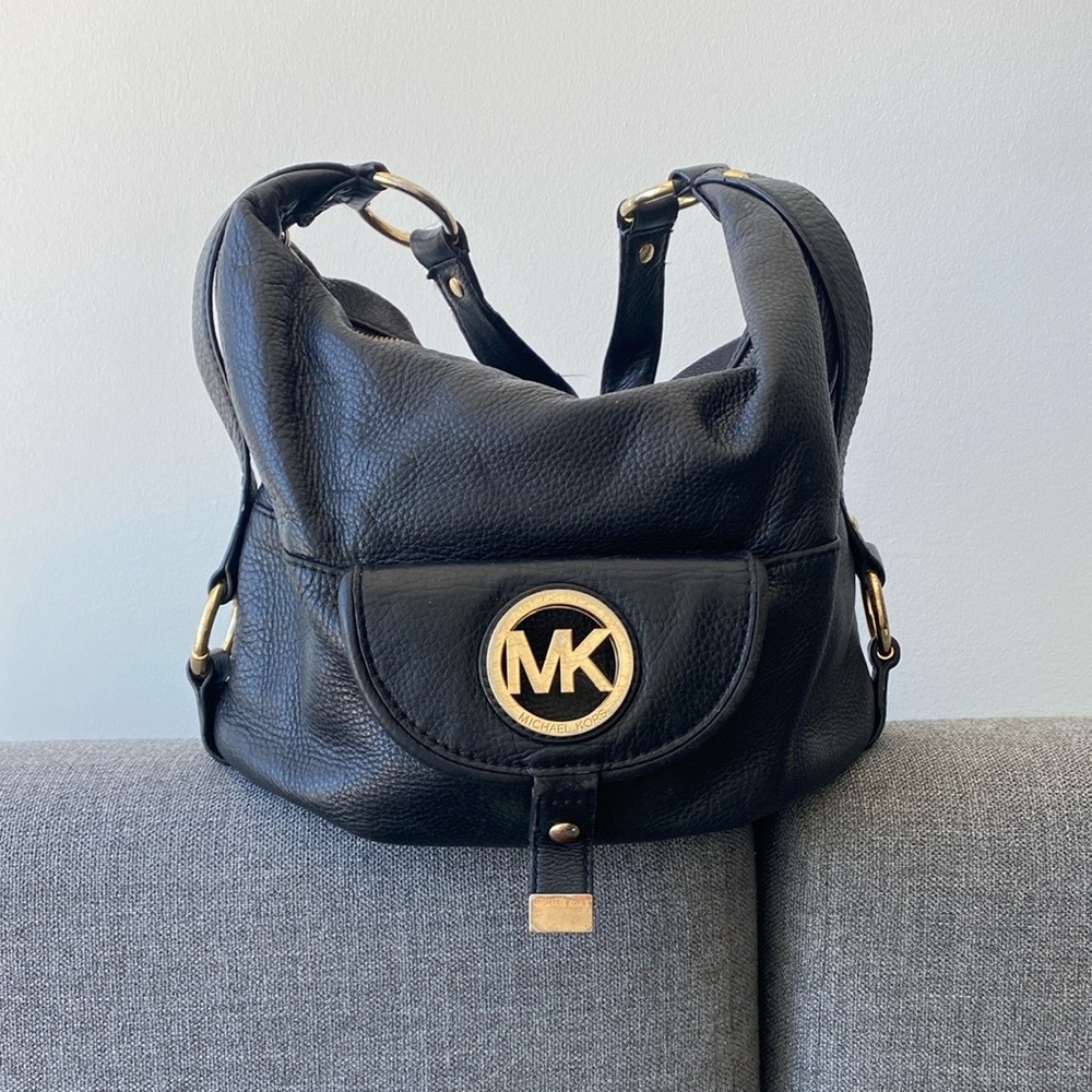 Michael Kors Black Leather Shoulder Bag with Gold Accents